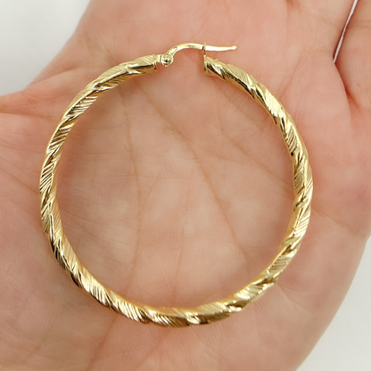 GER54. 14K Solid Gold Twist Round Hollow Hoop Earrings