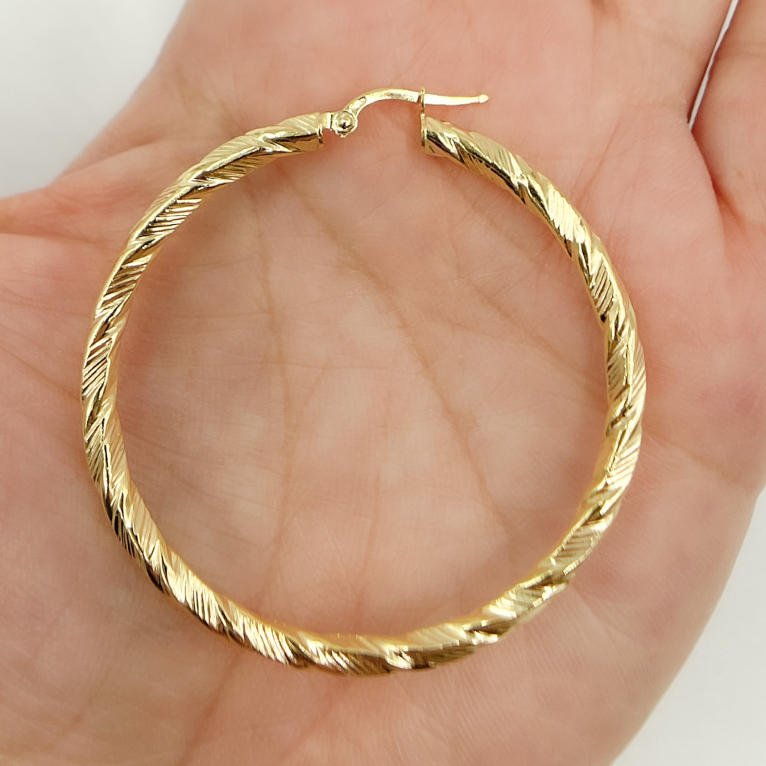 GER54. 14K Solid Gold Twist Round Hollow Hoop Earrings