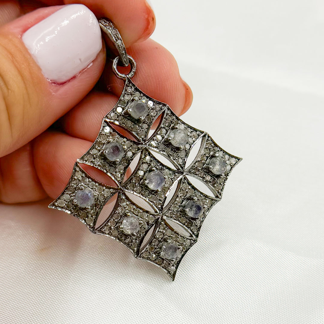 DP168. Diamond Sterling Silver Rhombus Shape Pendant with Gemstone