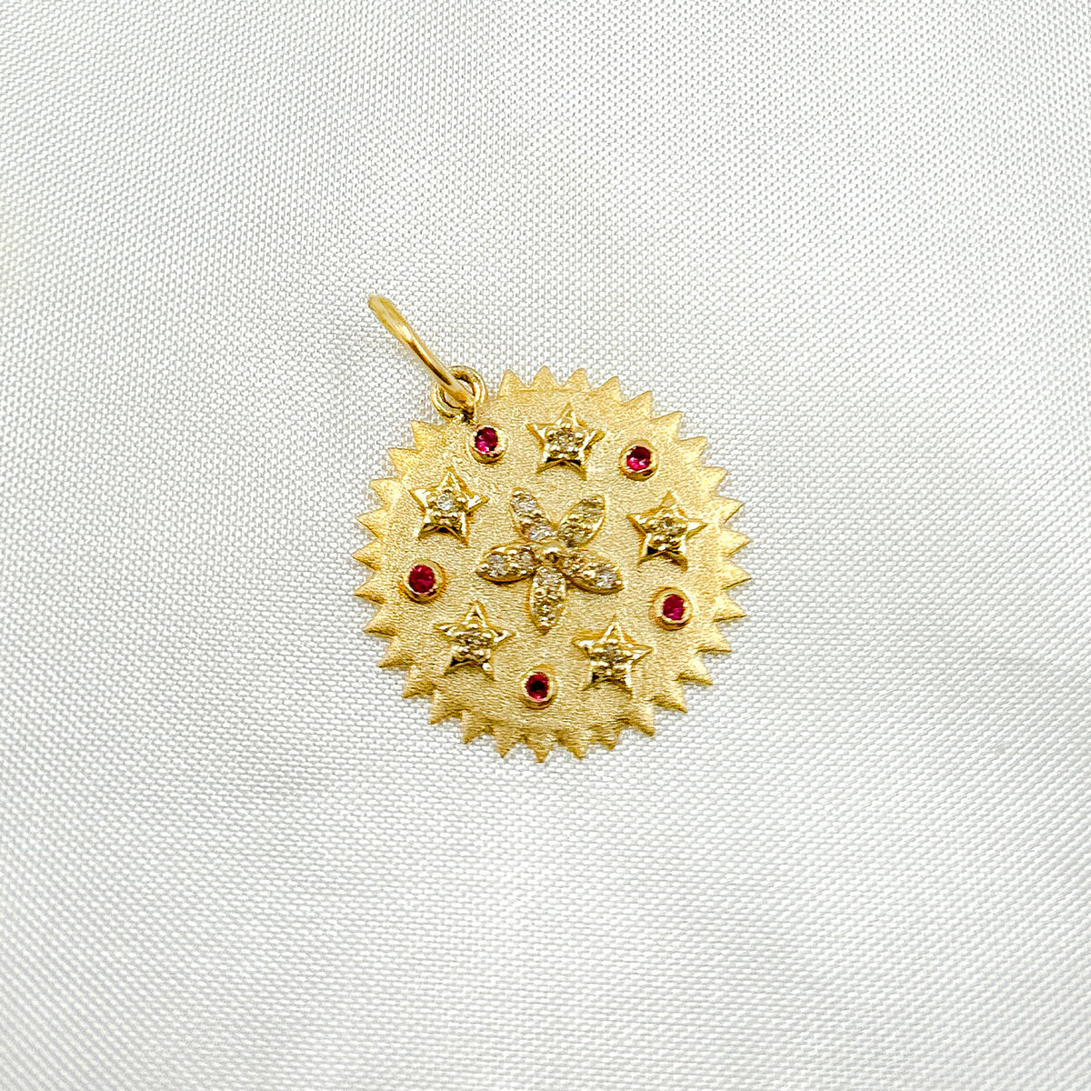 GDP494. 14k Solid Gold Diamond and Gemstone Circle and Flower Charm