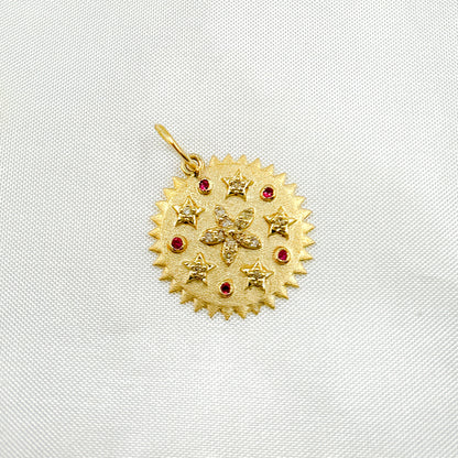 GDP494. 14k Solid Gold Diamond and Gemstone Circle and Flower Charm