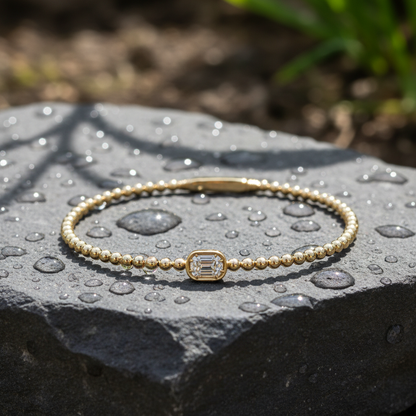 BNB68644. 14K Solid Gold Baguette Diamond Beaded Bangle