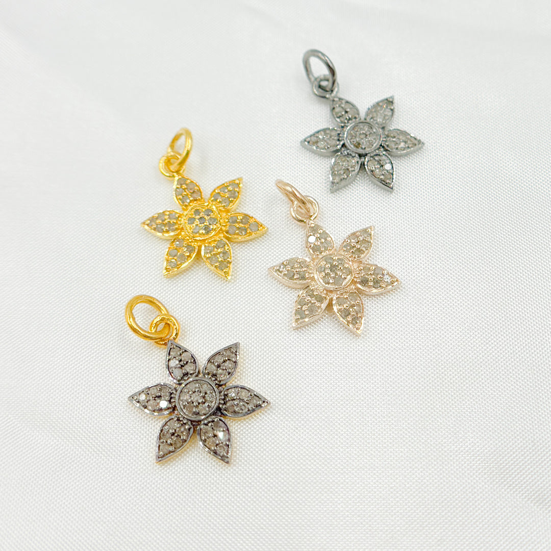 DP191. Pave Diamond & 925 Sterling Silver Black Rhodium, Two Tone (Black Rhodium and Gold Plated), Gold Plated, and Rose Gold Plated Flower Charm.