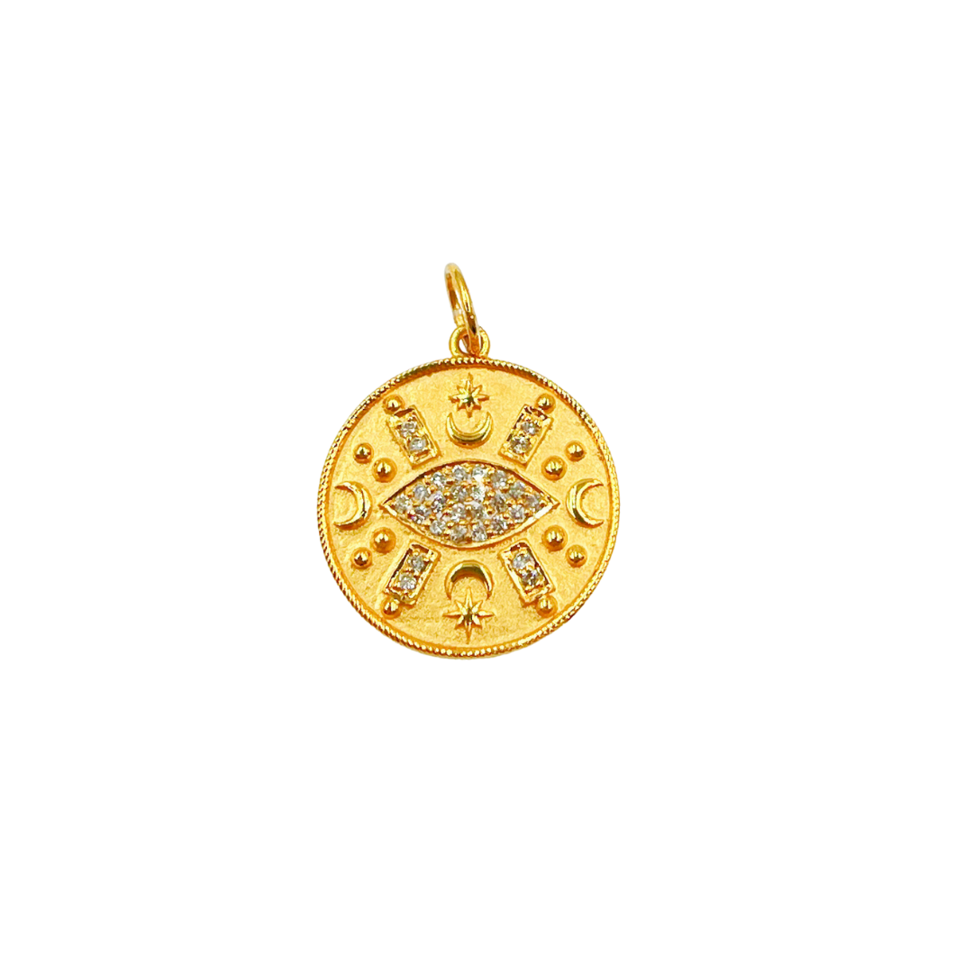 14K Solid Gold Charm Circle Pendant with Diamonds. GDP219