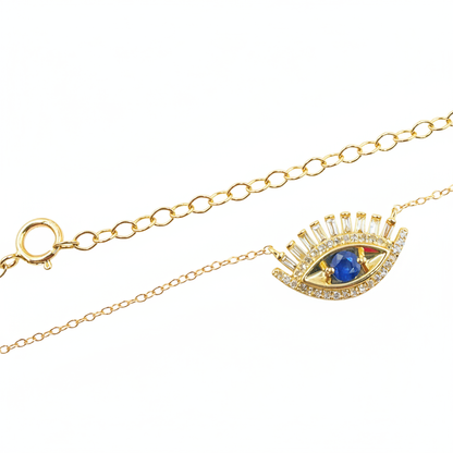 NFD70803. 14k Solid Yellow Gold, Diamonds & Precious Stones Cable Link Evil Eye Necklace