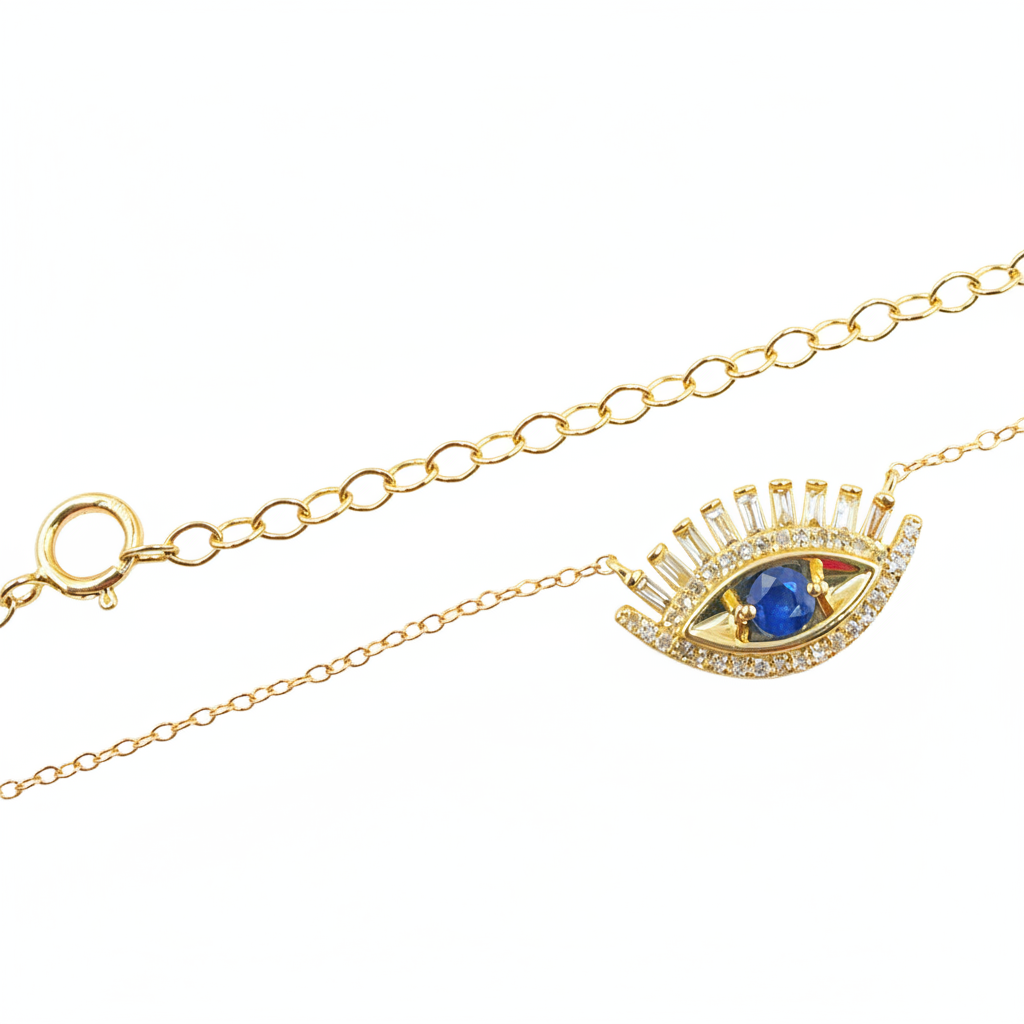 NFD70803. 14k Solid Yellow Gold, Diamonds & Precious Stones Cable Link Evil Eye Necklace