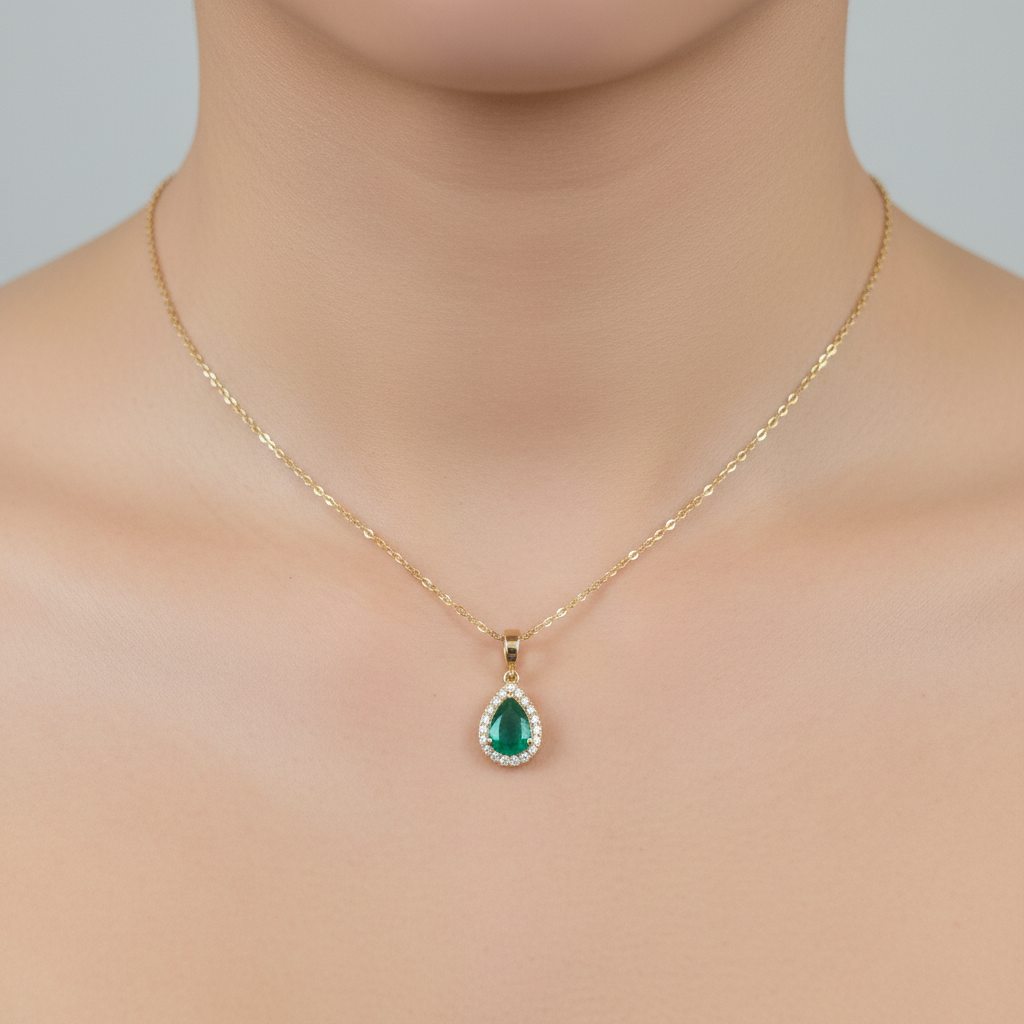 CMB00360EM. 14K Solid Gold Drop-Shaped Emerald and Diamond Charm
