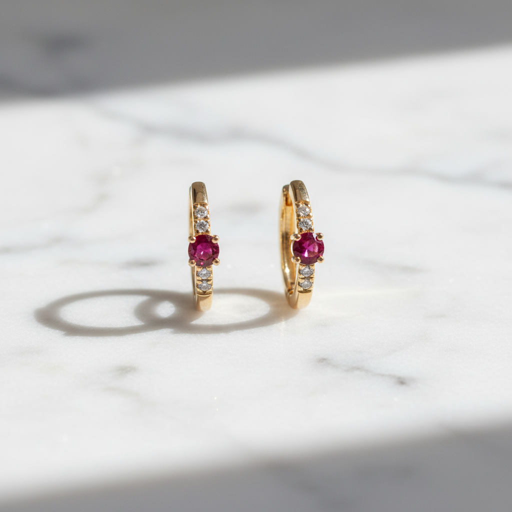 EHA57619RU. 14K Solid Gold Ruby & Diamond & Hoop Earrings