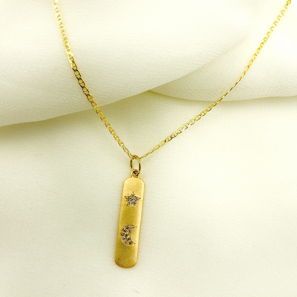 14K Solid Gold Diamond Oval Moon and Star Charm