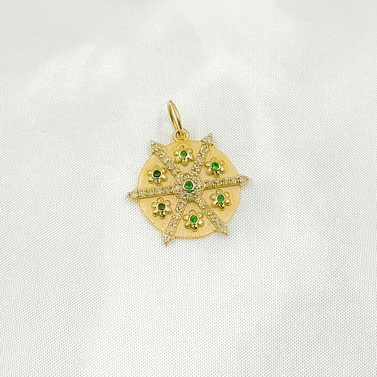 14K Solid Gold Diamonds and Gemstones Circle Charm with Flowers between Arrows. GDP619