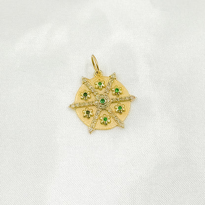14K Solid Gold Diamonds and Gemstones Circle Charm with Flowers between Arrows. GDP619
