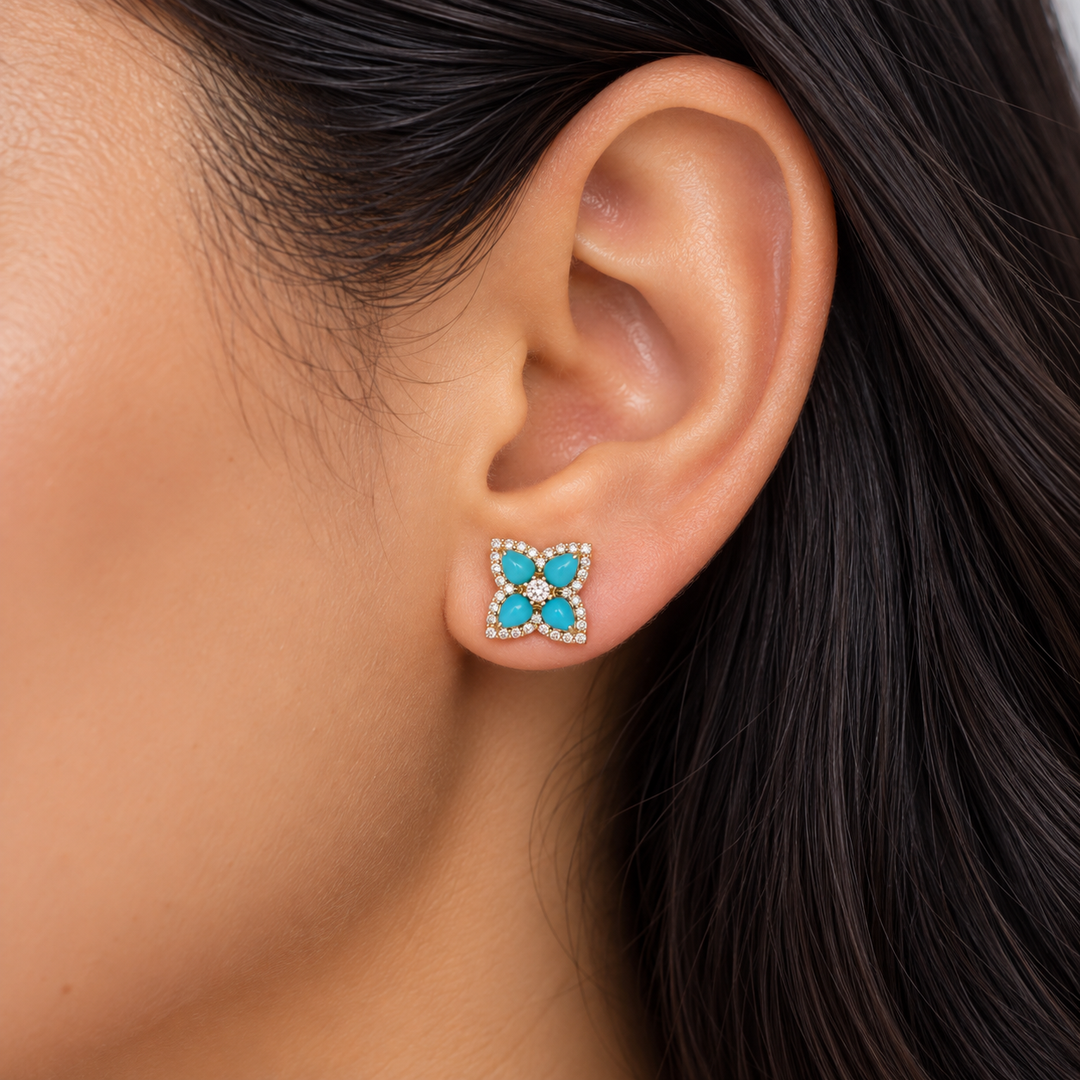CE97451TQ4X3. 14K Solid Yellow Gold Diamond and Turquoise Flower Stud Earring