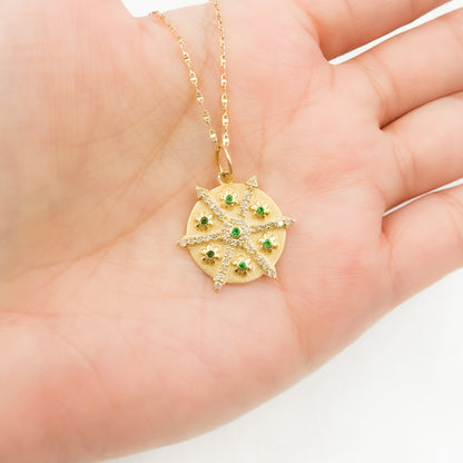 14K Solid Gold Diamonds and Gemstones Circle Charm with Flowers between Arrows. GDP619