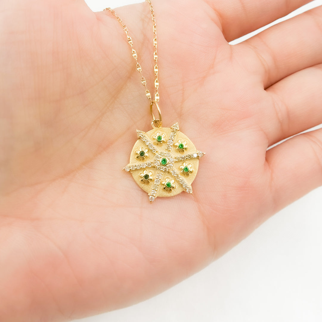 14K Solid Gold Diamonds and Gemstones Circle Charm with Flowers between Arrows. GDP619