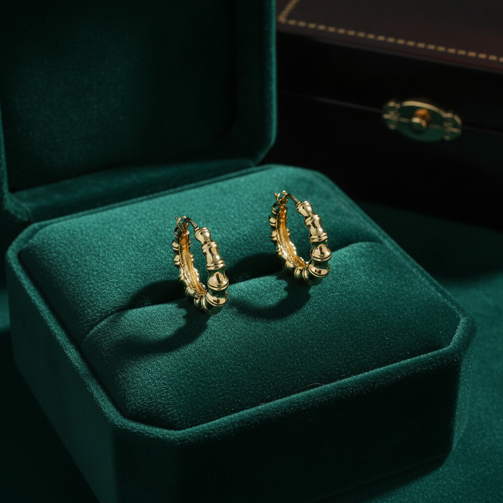 GER145. 14K Hollow Gold Textured Hoop Earrings