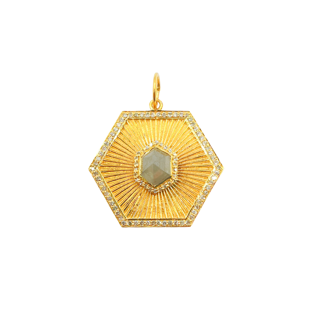 14K Solid Gold Hexagonal Charm with Diamonds. CGDP48