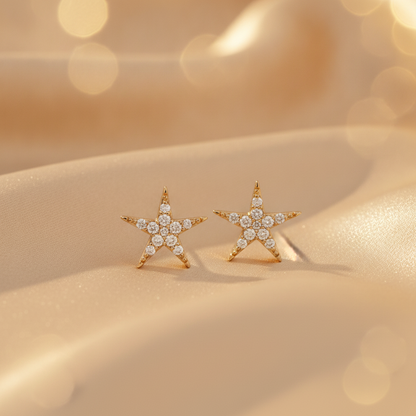 EFD54158. 14k Solid Gold Diamond Stars Stud Earrings