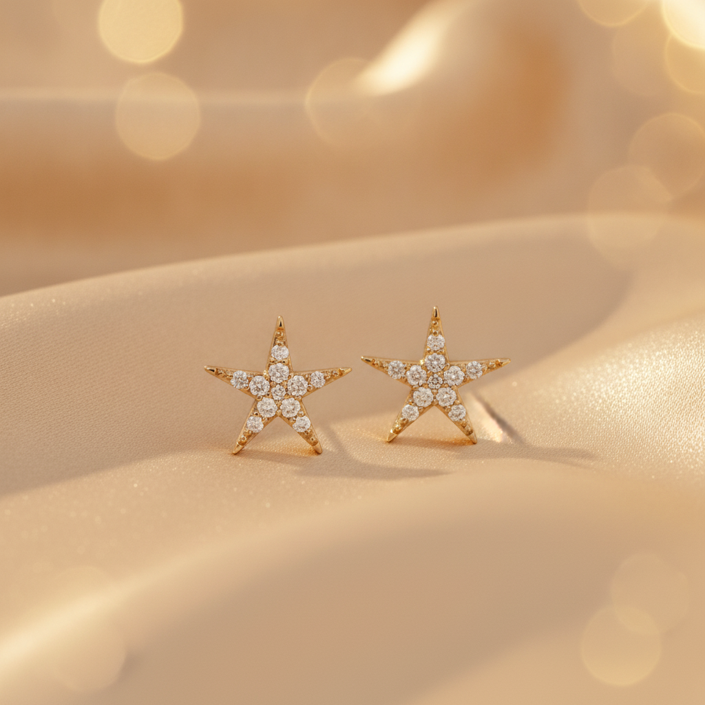 EFD54158. 14k Solid Gold Diamond Stars Stud Earrings