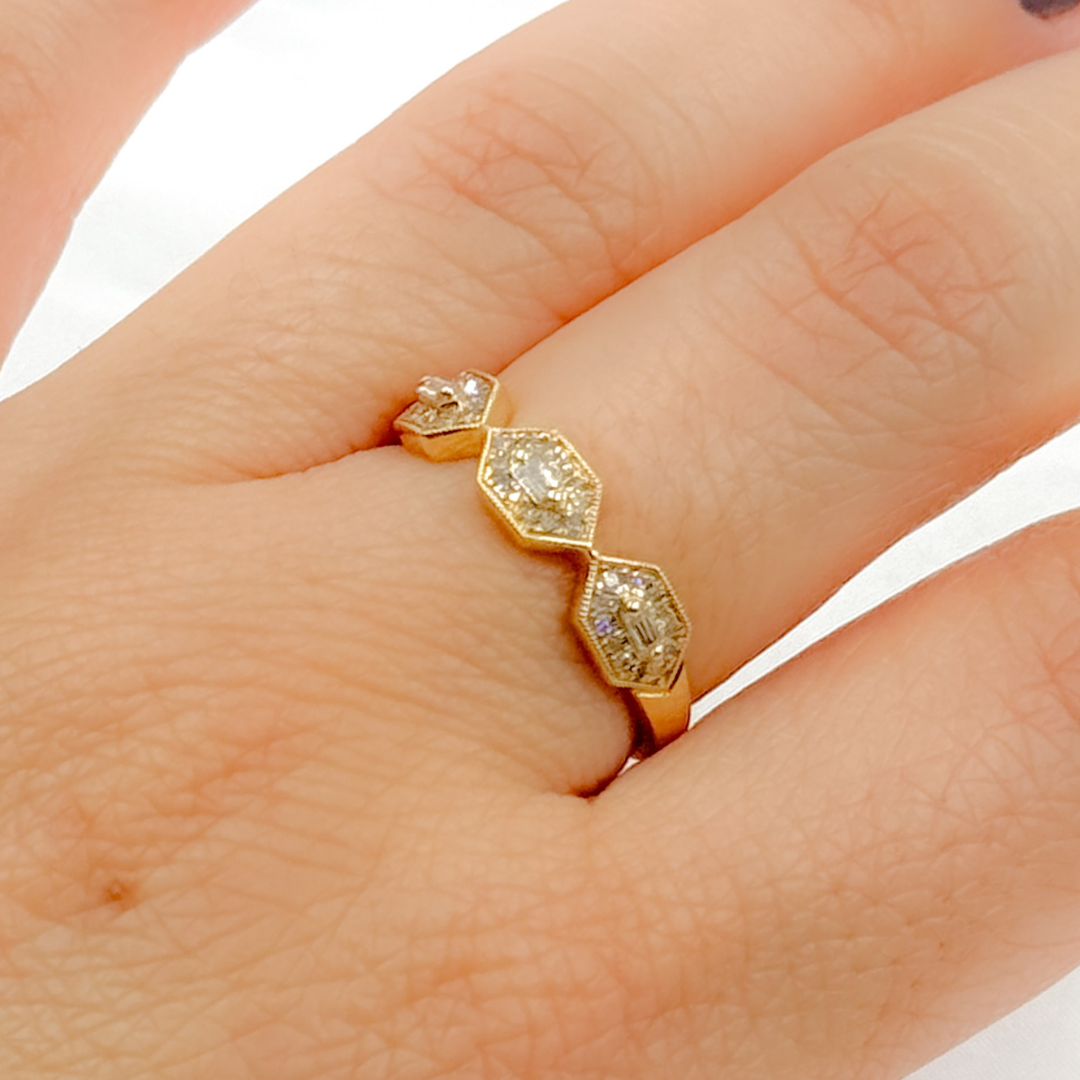14k Solid Yellow Gold Diamond Hexagons Ring.
