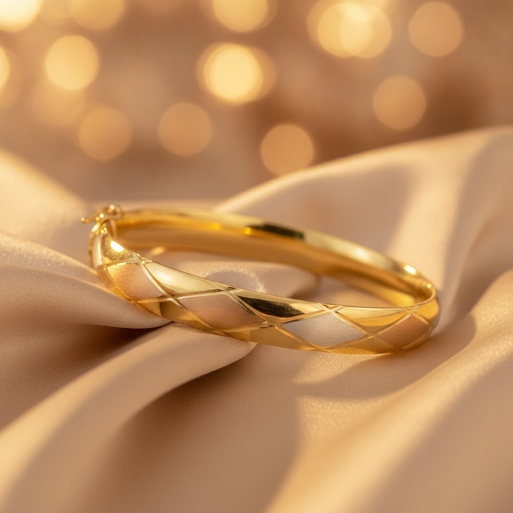 Bangle10. 14K Solid Gold Tri-Color Matte & Shinny Diamond Pattern Bangle