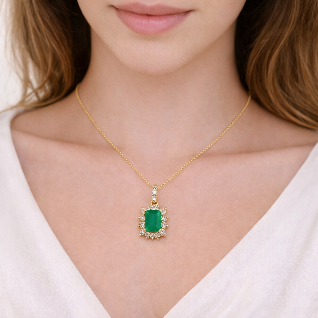 PN113006Y14EM1. 14K Solid Gold Diamond and Emerald Rectangle Charm