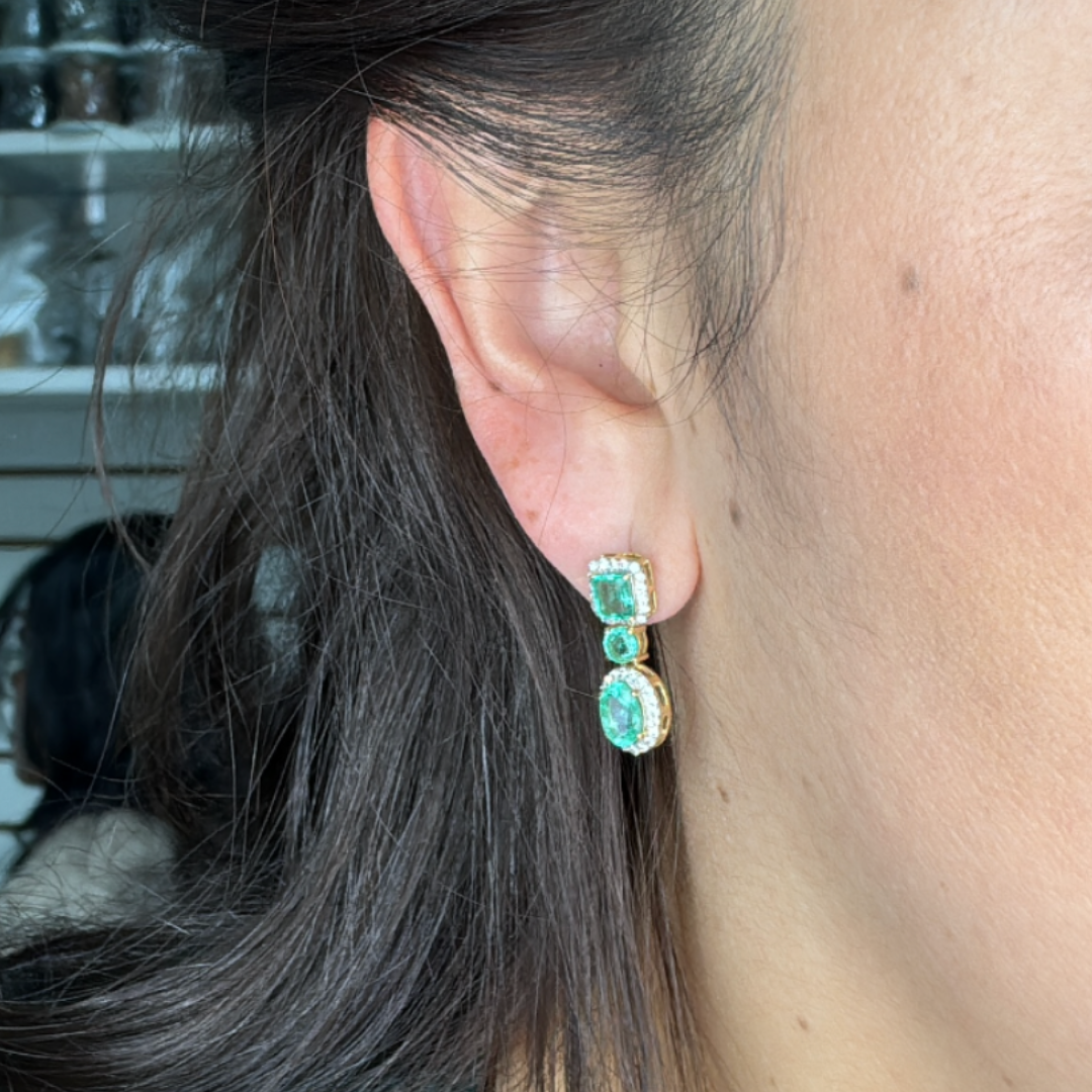 GDT502EM. 14k Solid Gold Diamond and Emerald Dangle Stud Earrings