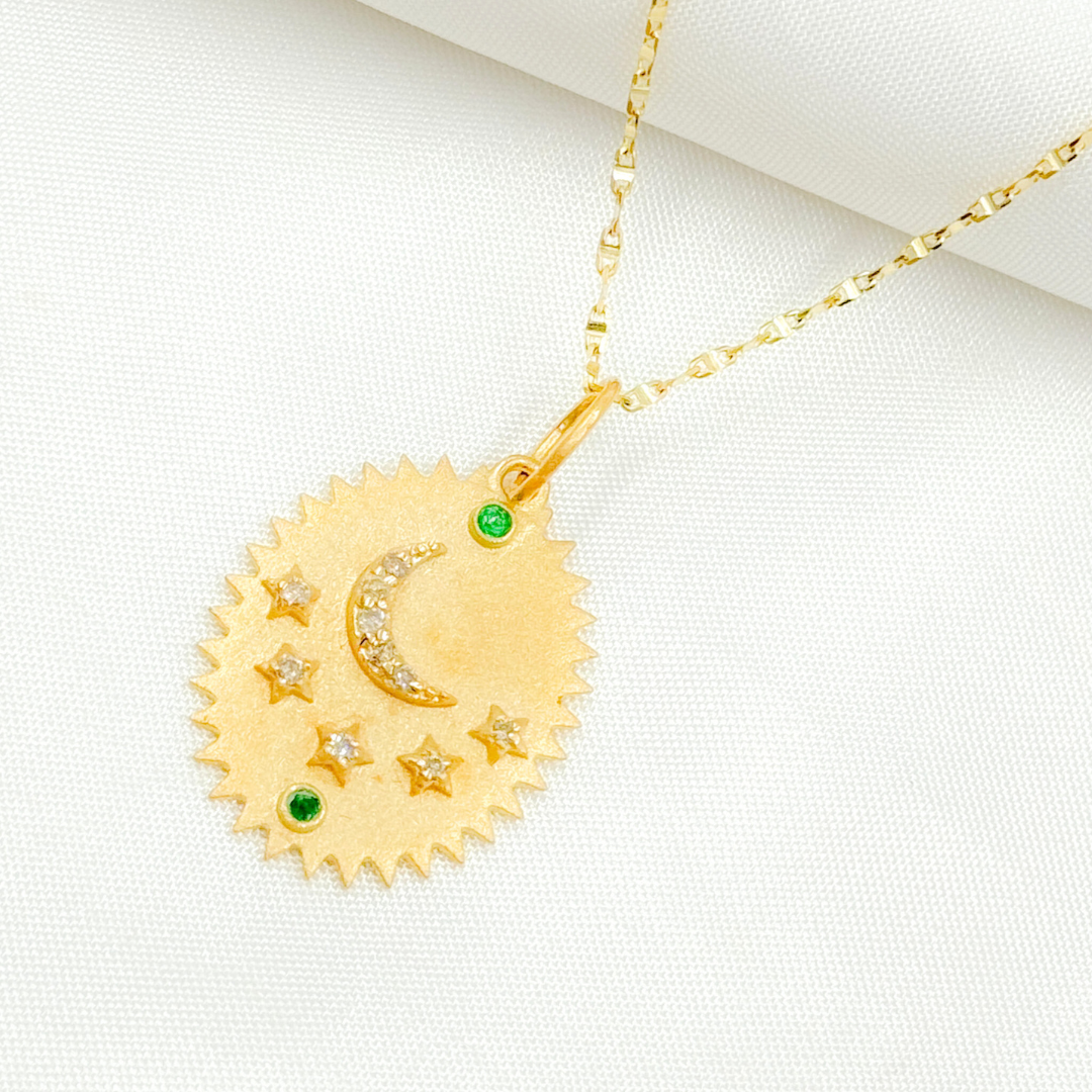 14K Solid Gold with Diamond Oval Shape Charm with Moon and Stars in the Center. GDP624