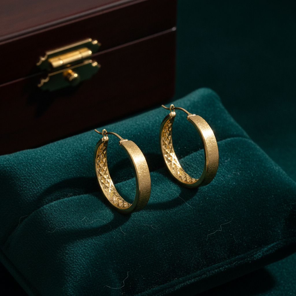 GER89. 14K Gold Diamond Cut Hollow Hoop Earrings with Texture