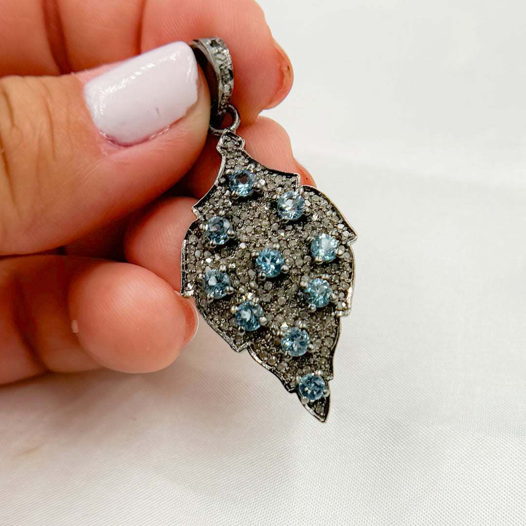 DSP038.  Diamond Sterling Silver Leaf Shape Pendant with Gemstones