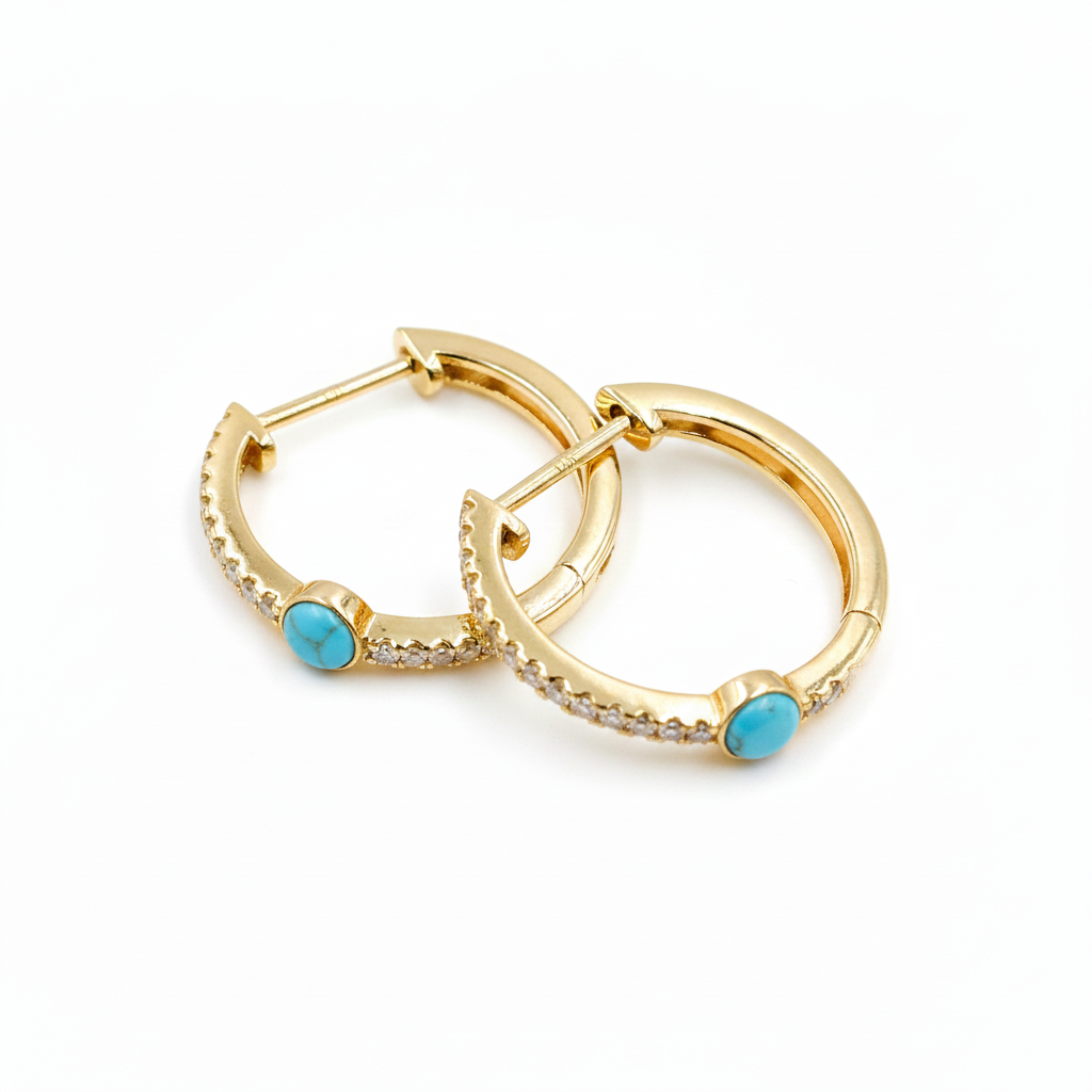 EHC56664. 14K Solid Gold Gemstone & Diamond & Hoop Earrings