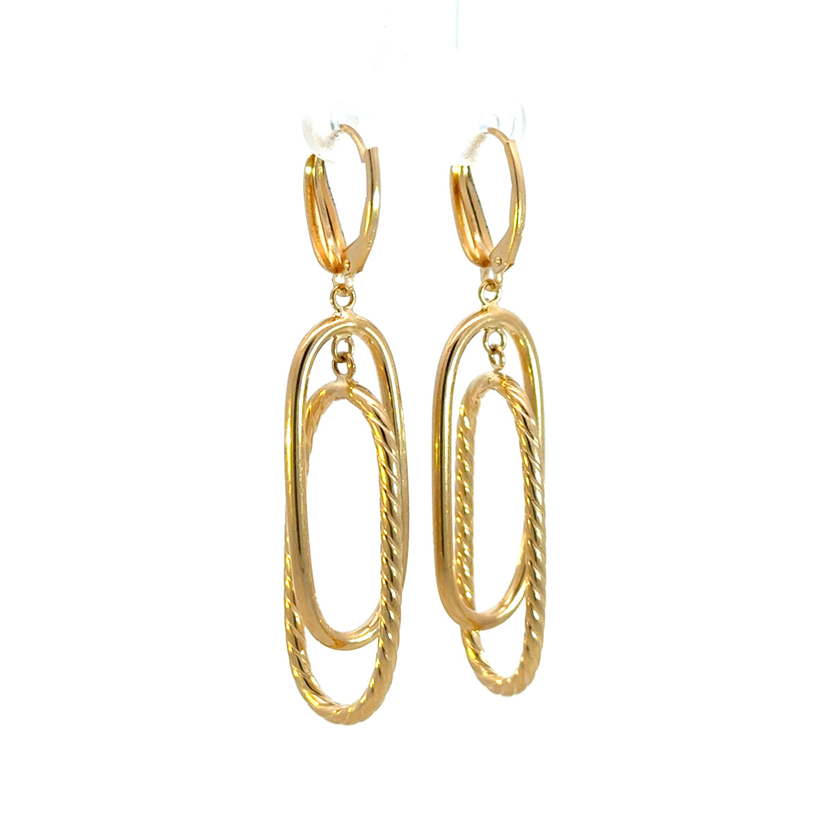 Gold Smooth and Textured Tube Hollow Oval Dangle Leverback Earrings