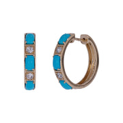 CE97353TQ5X3. 18K Solid Gold Diamond and Turquoise Round Hoop Earrings