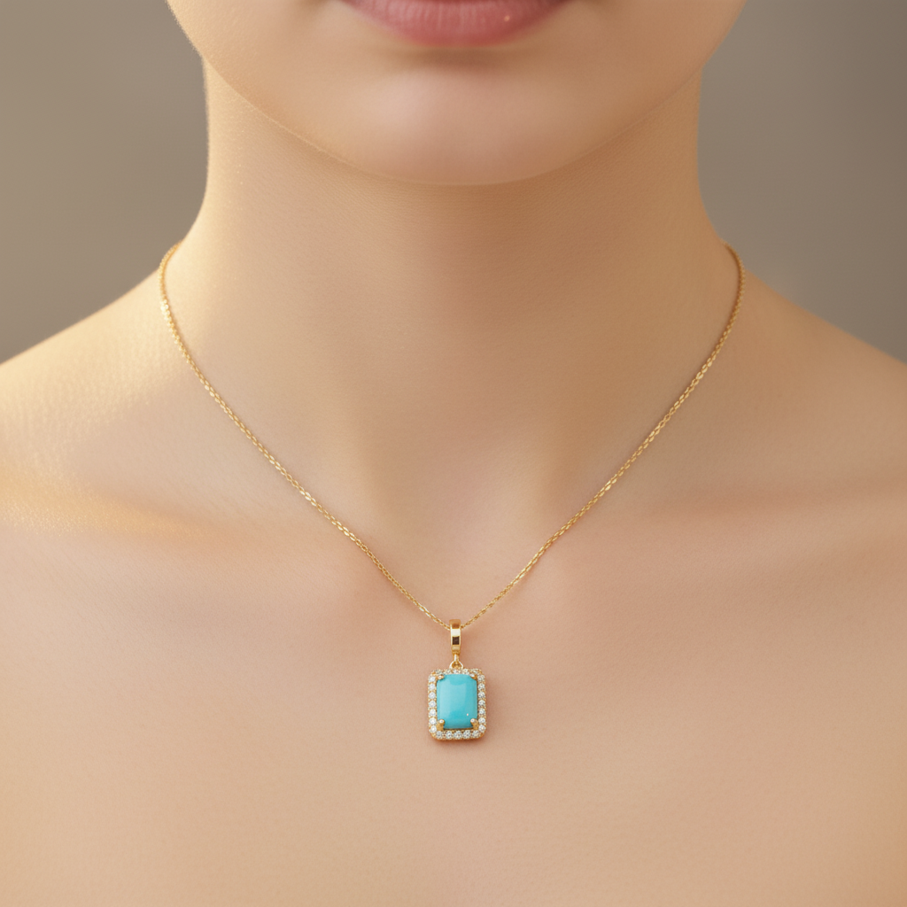 CMD00365TQ8X6. 14K Solid Gold Rectangular-Shaped Turquoise and Diamond Charm