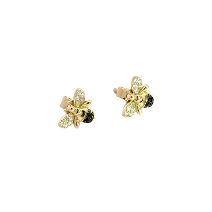 ER417984Y. 14K Solid Gold Diamond and Black Diamond Bee Studs Earrings