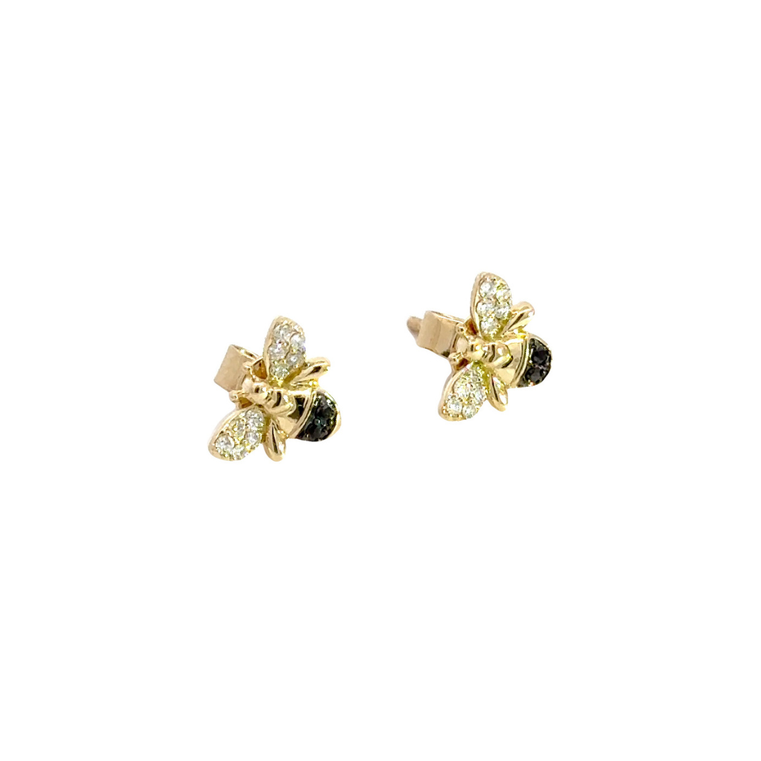 14K Solid Gold Diamond and Black Diamond Bee Studs Earrings. ER417984Y