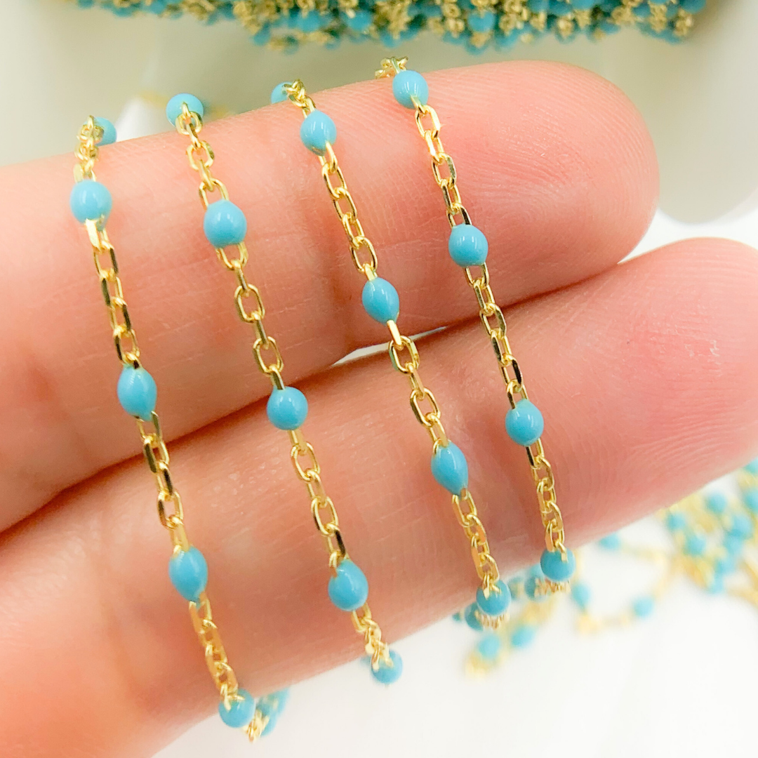 V203TURGP. Gold Plated Sterling Silver Enamel Turquoise Color Cable Chain