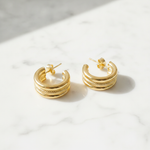Load image into Gallery viewer, 15850025518. 14K Solid Gold Smooth and Textured Triple Line Hollow Hoop Earrings