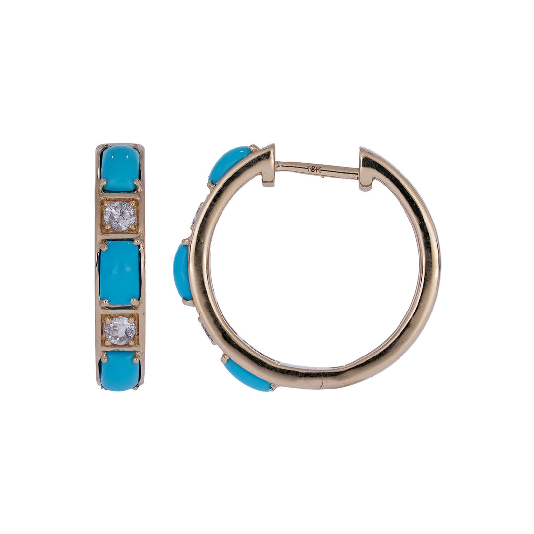 CE97353TQ5X3. 18K Solid Gold Diamond and Turquoise Round Hoop Earrings