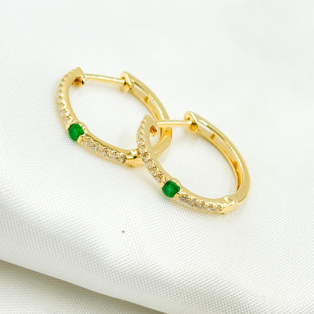 14k Solid Gold Diamond and Emerald Hoops.  EHC56665EM