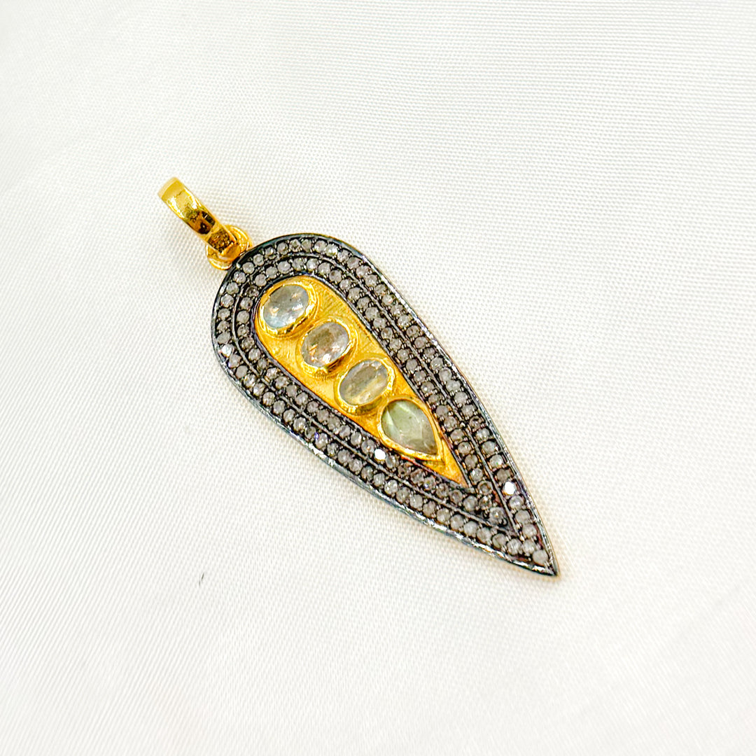 DSP055. Diamond Silver Long Drop Pendant with Gemstone