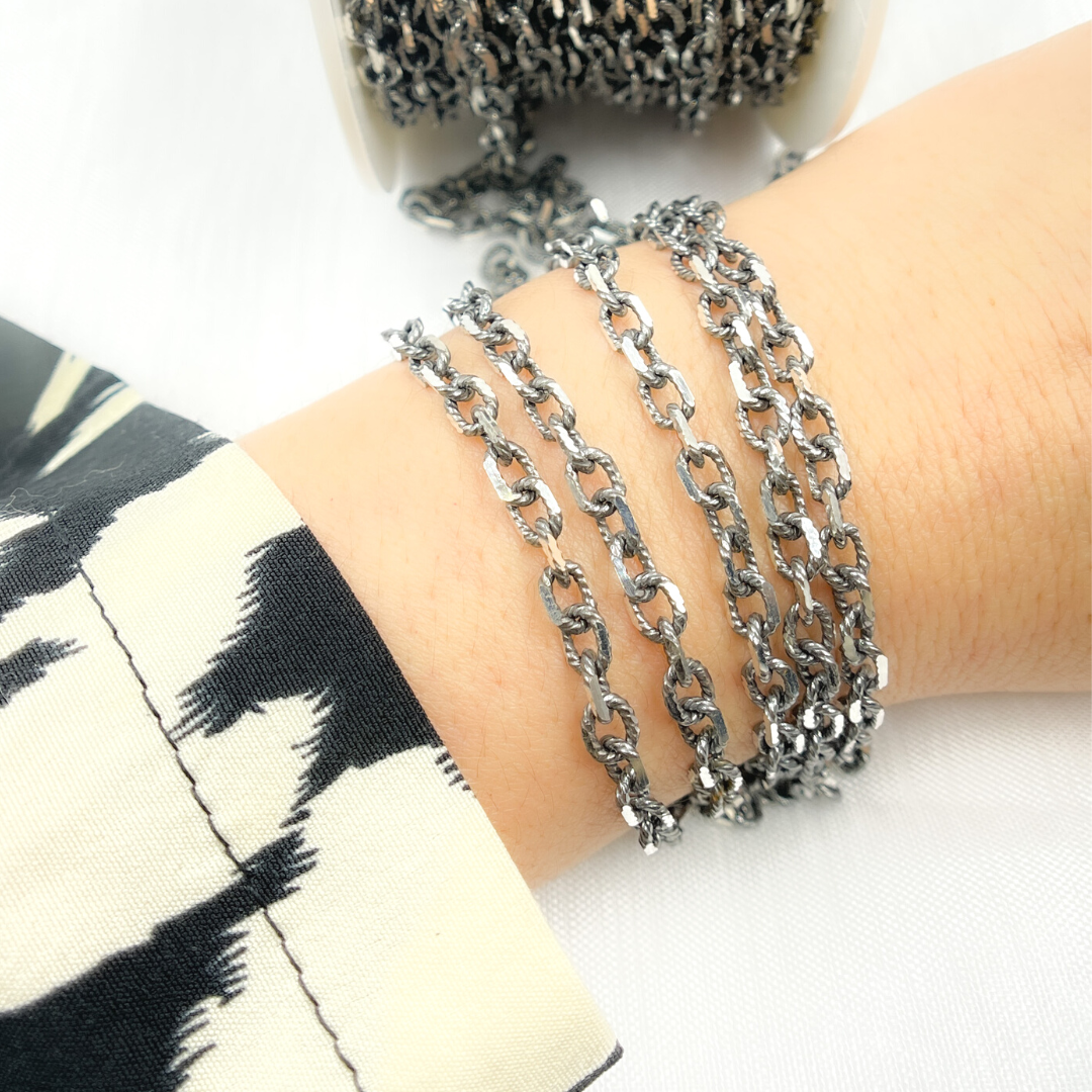Oxidized 925 Sterling Silver Diamond Cut Cable Link Chain. V33OX