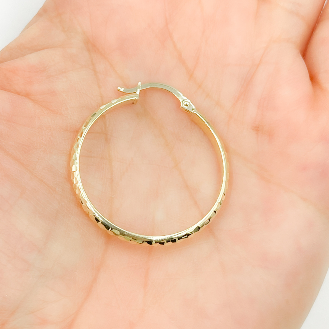 GER64. 14K Gold Diamond Cut Hollow Hoop Earrings