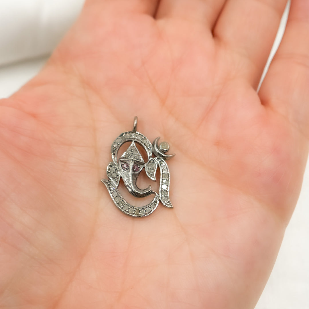 DC1014. Diamond Sterling Silver OM Symbol Pendant with Ruby
