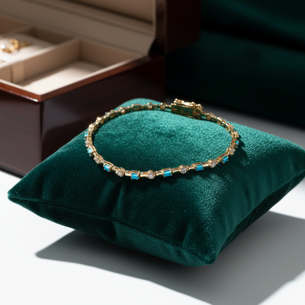 BFH60606TQ. 14K Solid Gold Diamond and Turquoise Fancy Bracelet