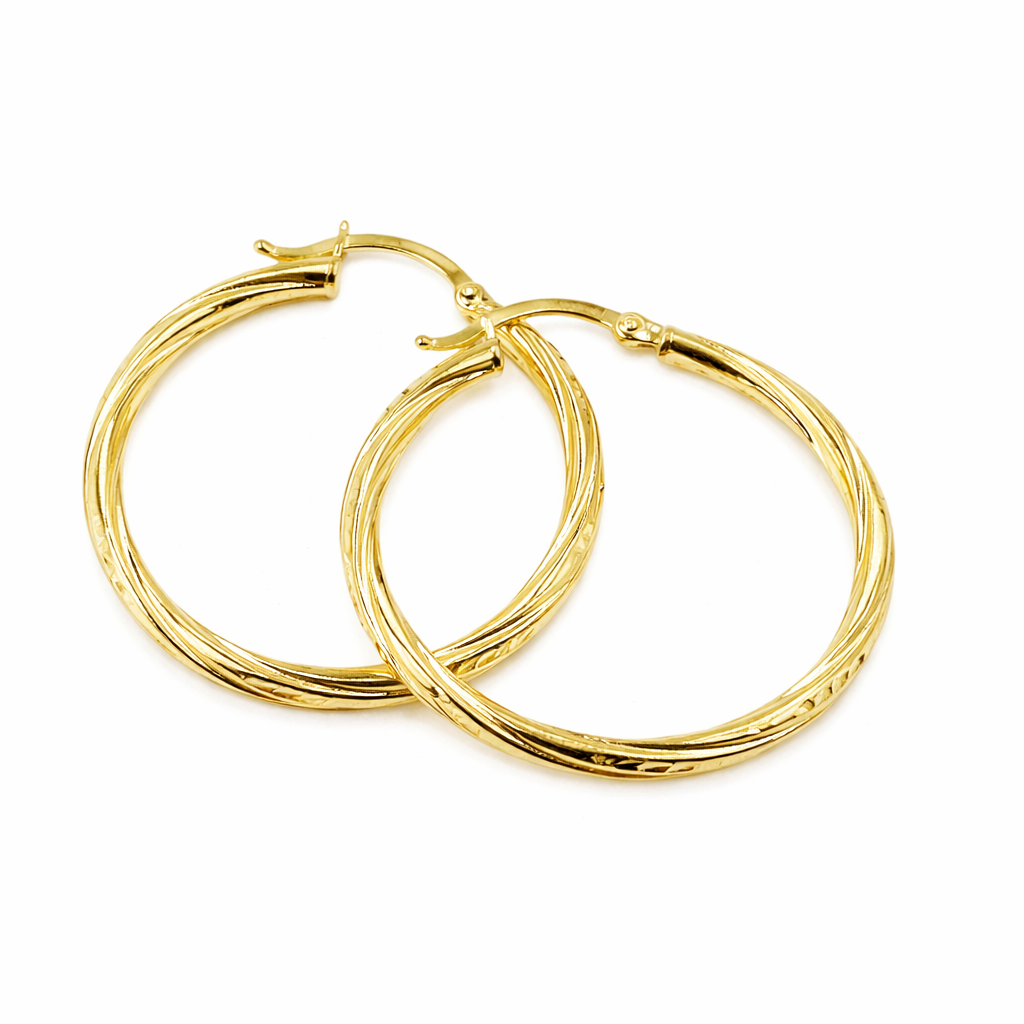 GER173. 14K Gold Hollow Hoop Earrings with Engraved Tornado Design