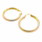 Load image into Gallery viewer, GER72. 14K Gold Tri-Color Hollow Hoop Earrings with Engraved Tornado Design