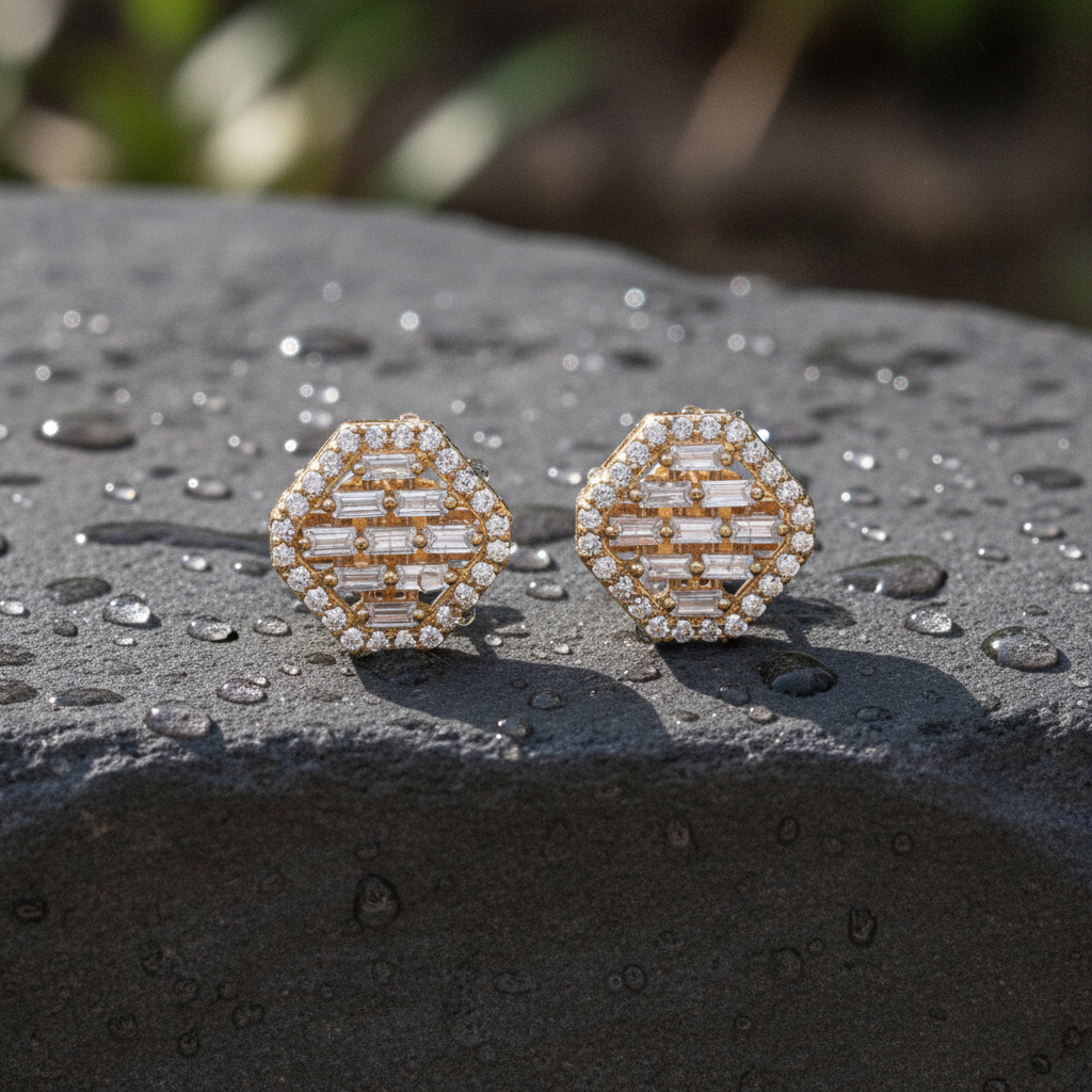 EFI54501. 14K Solid Gold Diamond Baguette Octagon Stud Earrings