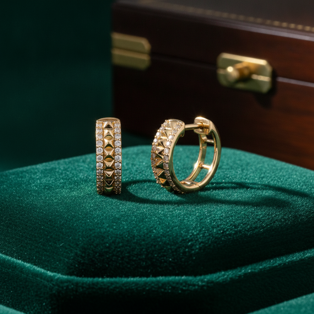 EHF57387. 14K Solid Yellow Gold Diamond Hoop Earrings