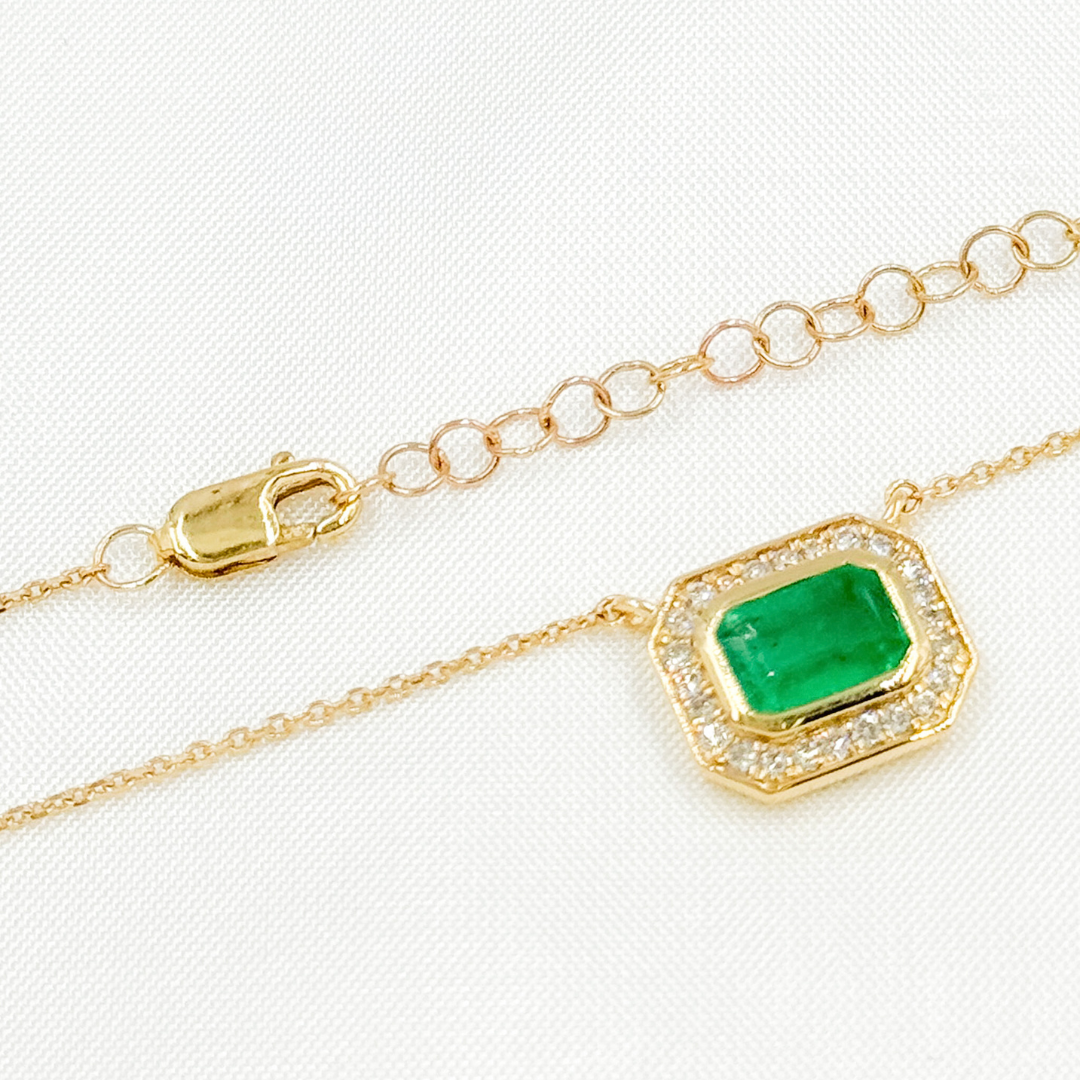 14k Solid Gold Emerald and Diamond Rectangle Necklace. NFC71412EM