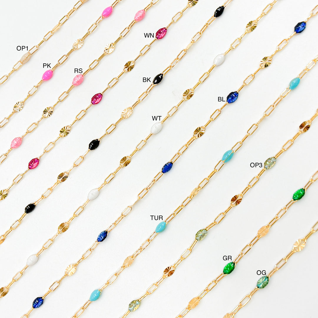 V295ENGF. 14K Gold Filled Enamel Chain with Paperclip & Diamond-Cut Marina Links